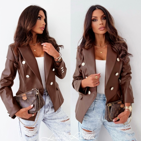 Brown Double-Breasted Women's Faux Leather Blazer - Picture 4 of 8